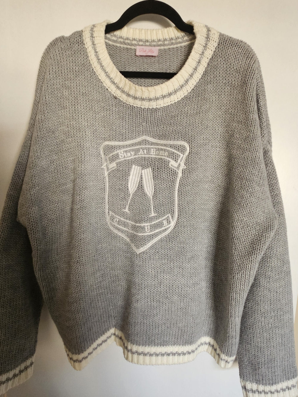 Pink Lily Gray Crewneck Sweater with Cream Trim